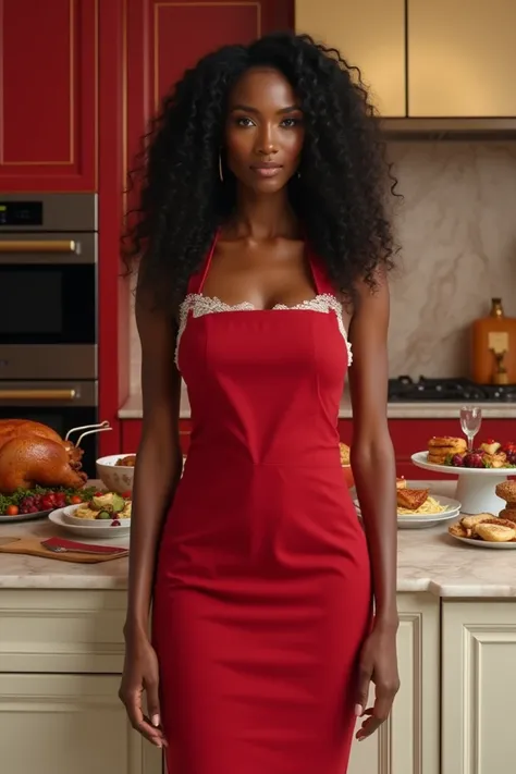 Depict a stunning, sophisticated Black mother in an opulent, color-coordinated kitchen, elegantly styled for Thanksgiving. She wears a fitted, red chef’s apron with delicate white detailing, perfectly accentuating her figure, while her loose long curls add...