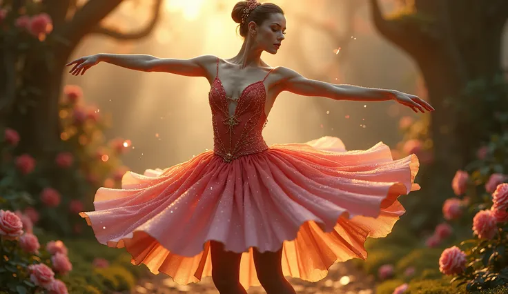 A surreal, hyper-realistic full-body portrait of an exceptionally beautiful ballerina mid-performance, captured in a classic ballet pose that exudes elegance and movement. Her figure is flawless, with graceful, toned limbs, a slender, athletic physique, an...