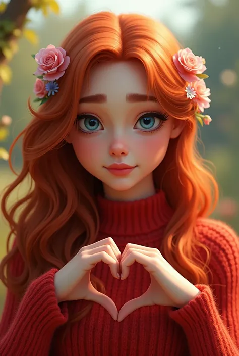 Adult woman long red hair,  red sweater,  flowers in the hair , blue eyes, mascara, Making a heart sign with your Pixar hands
