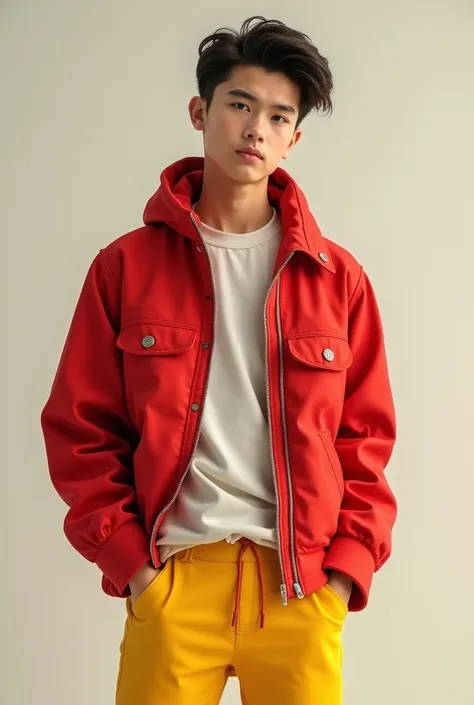 A boy who is estimately  
 handsome  with red jacket and yellow pant and his hands are in his pocket and make it more stylish and hairstyle should look good and he should look cool