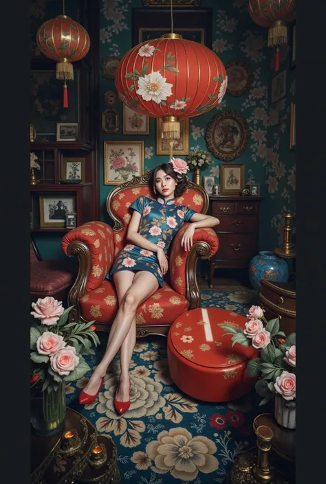  Dim Room、Portrait of a Japanese actress sitting in a luxurious vintage-style room。 and deep red and blue decorations adorn the entire room 、 and a woman wearing a blue Chinese dress with floral embroidery is sitting cross-legged、 sitting relaxed in a gorg...