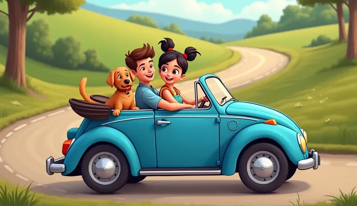 A cartoon father ,mother, A cartoon  little cute girl (big curious eyes,big cheeks,two black pony tailed hair) and A cartoon golden retriever with a fluffy coat, wagging tail,( belt with a collar named GOLDIE and address) were on the back seats of them.All...