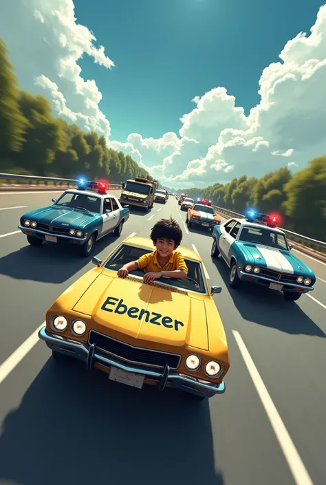 The boy in the yellow shirt has black hair without glasses and on his shirt it says Ebenezer and is driving the car on the motorway make it and in pursuit of police cars and tanks and his dads car which is 3d 