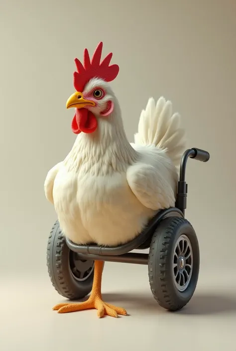 chicken with one leg in the middle and on a wheelchair