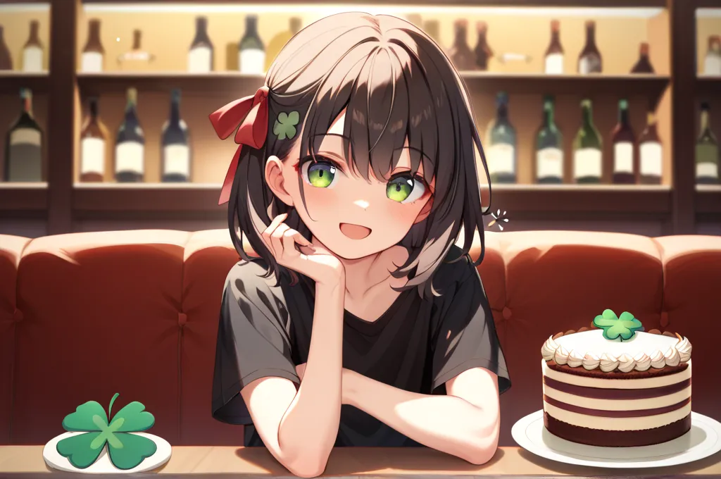  (8k), (  very detailed), (   best illustration  ), . flat chested。 black shirt 。  big red ribbon barrette。green four-leaf clover in hair 。adult。Slightly brown black hair。Shima Rin, cake。 medium hair 。 wine glass。Being drunk。smile。adult。 casual。 bar counte...