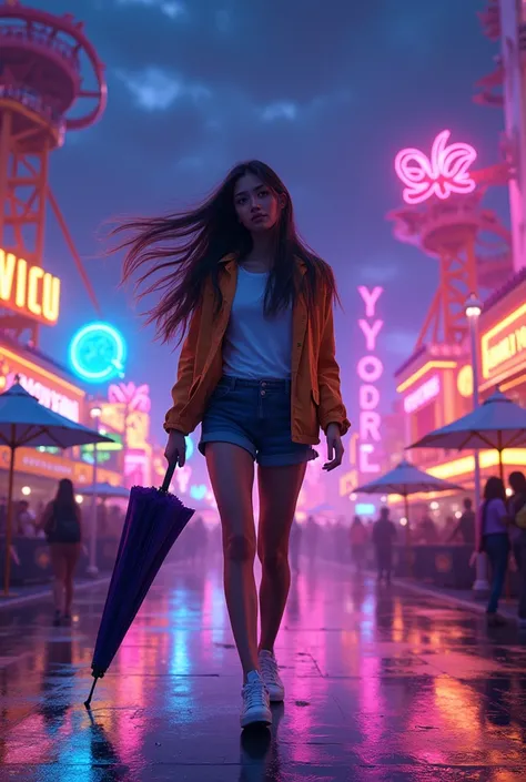 a beautiful young Indonesian woman, wearing a white t-shirt, casual jacket, long hair, sneakers, walking casually under the rain, while holding an umbrella in her hand, in a neon-lit amusement park at night, full of bold signs. The atmosphere is chaotic ye...