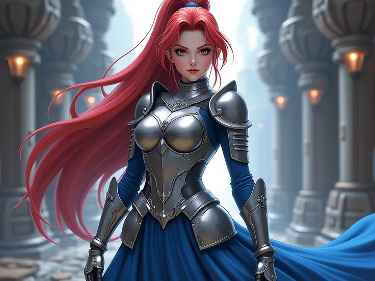 erza .beautiful woman 27 years old red hair and red eyes big breasts. wears metallic armor blue skirt. cool looks. pony tail. 