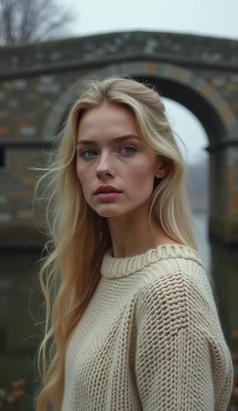  A woman with blue eyes and blond hair, In a cozy sweater , against the background of an ancient bridge .