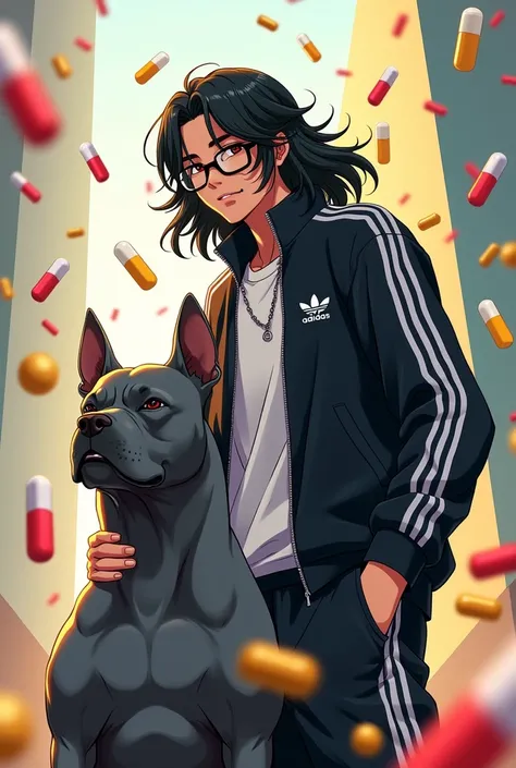 Styl anime,  man long black hair ,black lenses ,  on the nose glasses , black adidas white striped tracksuit ,stoi z psem american bully szaro czarnym ubarwieniem, all around flying pills yellow red,