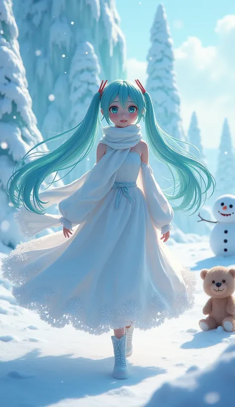 Hatsune Miku, about 18 years old 、 snow dress and snow scarf 、 a snowman with intentions on the side and a cute brown bear、snow effect 、god々Shii、 the background is a fantastic and unreal world of ice and snow 、Ice Castle、16k、 super high definition 、 super ...