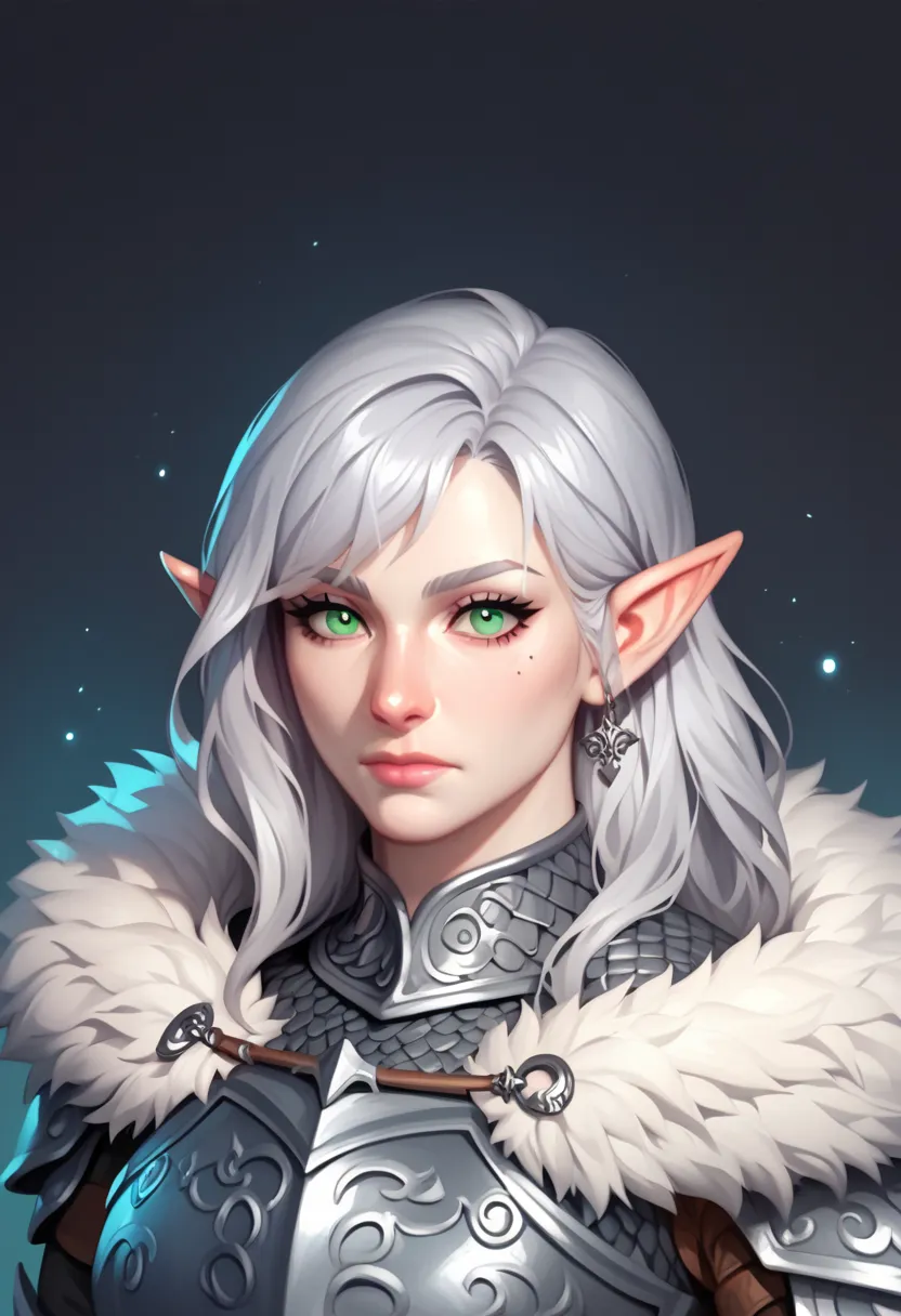 score_9, score_8_up, score_7_up, woman, simple background, dark background, green eyes, gorgeous, elf, fur outfit, black viking ...