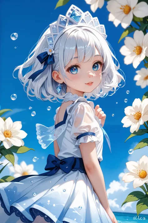 white hair （Bagel ：1.5） HEADDRESS WHITE FLOWERS EYES ICE BLUE WHITE WEAR LIGHT BLUE LACE SHORT SLEEVES PLUS WHITE SHORT SKIRT CUTE （loli：1.4）  Beautiful Flowing Toddler  （ Extremely Hazy Romantic Watercolor Painting ：1.4） （ Super Detail HD ， Ultra High Res...