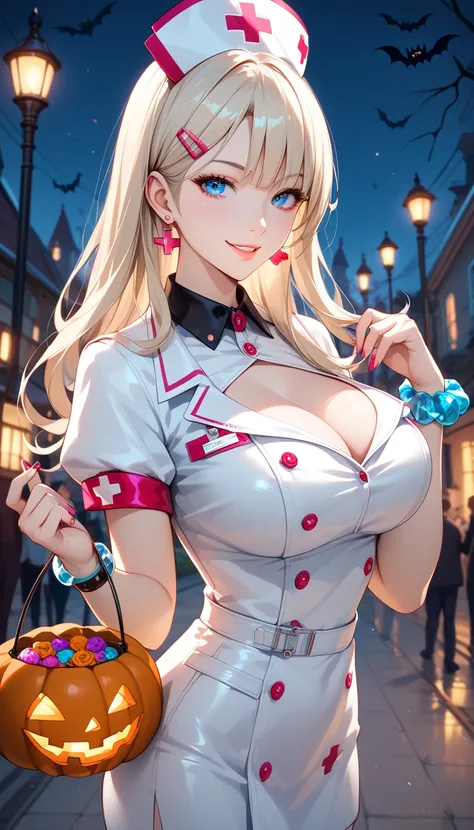 masterpiece, best quality, highly dramatic picture, beautiful eyes, cinematic lens effect, big beautifully shaped breasts , ultra cute, ultra sexy, ultra bouncy , ultra curvy, horny, pervert, Dutch angle, ((Busty Bitches)), ((Halloween Party)), ecchi girl ...