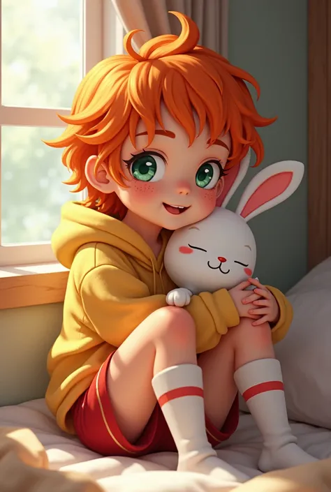 a cute effeminate boy. He has medium length orange hair, tan skin with freckles and green eyes. He is wearing an oversized hoodie. He is wearing short red shorts, and thigh high striped socks. He is sitting on his bed, hugging a rabbit plushie. He is smili...