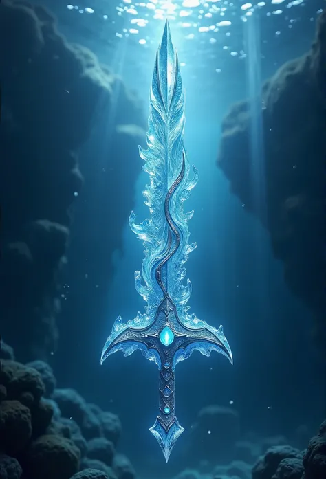 ((Mythical, divine sword designed by a powerful water deity))
((Blade made of solid, crystalline ice with intricate wave-like details))
((Swirling water patterns etched along the surface, glowing faintly with mystical energy))
((Hilt crafted from smooth, s...