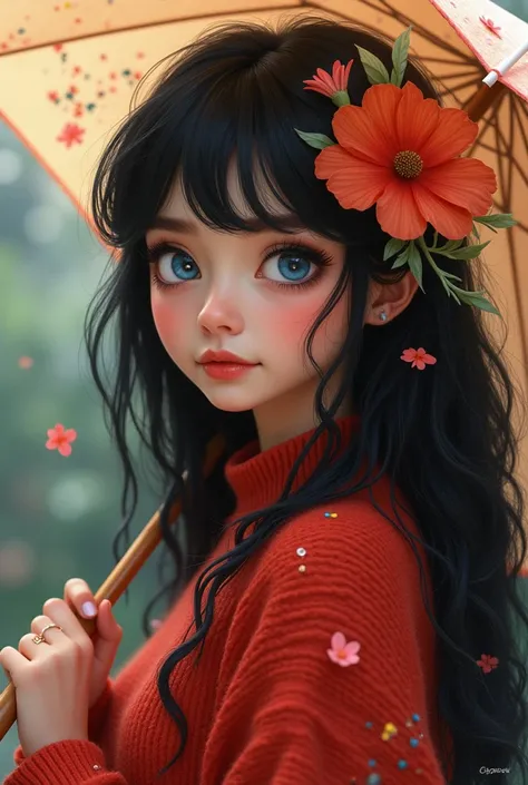 Black-haired adult woman, long,  red sweater,  flowers in the hair , blue eyes, mascara,  holding an umbrella, Pixar
