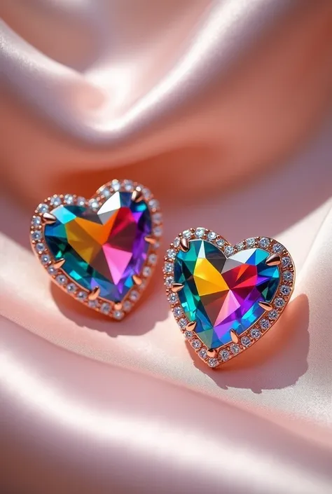 In the second frame, feature a pair of vibrant, heart-shaped earrings. The earrings should have colorful, iridescent gemstone centers surrounded by delicate, sparkling diamond accents, set against a soft satin background. They should evoke a glamorous and ...