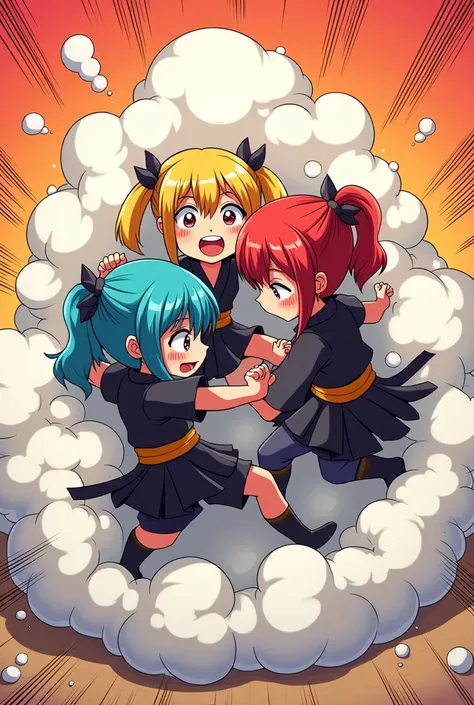 An anime-style comic depicting many ninja-girls playfully wrestling with each other inside a big zashiki comical fight cloud.
each ninja-girl has different  colored hair.
their faces,hands,and feet are visible emerging from the cloud as they tussle humorou...