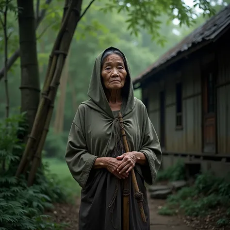 photography profesional shows an elderly mother in a hooded asian  ,  which poses a focused view to the camera  , is holding a piece of bound wooden wood ,  wearing shabby kebaya and sarong bottoms and wearing no footwear in the forest with an old house wi...