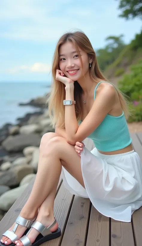 a young Half-Japanese-Korean woman 22 year old perfect breasts is seated on a wooden deck, smiling at the camera. She is dressed in a Lightcyan tank top, a chiffon white skirt, and nike sandals with silver straps. Her left hand is resting on her hip, while...