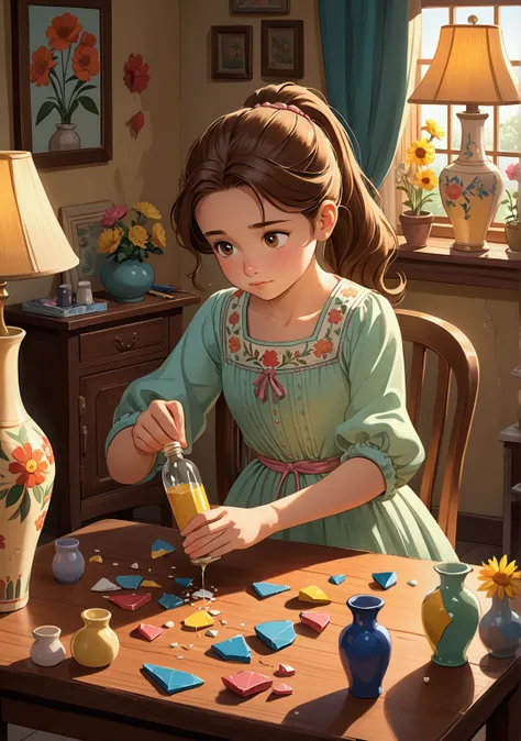 Here’s the prompt for the image:

"A cartoon-style scene of a young girl carefully gluing the broken pieces of a vase together. She is sitting at a small table, her focus intense as she holds a bottle of glue in one hand and carefully presses the shattered...