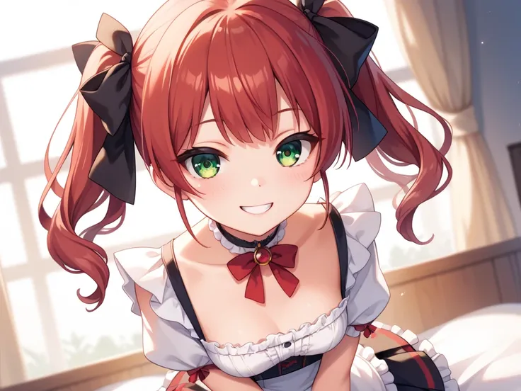 masterpiece, best quality, ultra detailed, high-resolution, Anatomically Correct, , 9years, mesugaki, short, smile, red hair, pigtails, green eyes, White blouse, Red ruffled skirt, Black ribbon, choker,  hand to own mouth, upturned and downcast eyes, water...