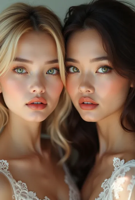 Blonde and brunette with perfect Asian and American features full lips long eyelushes green eyes