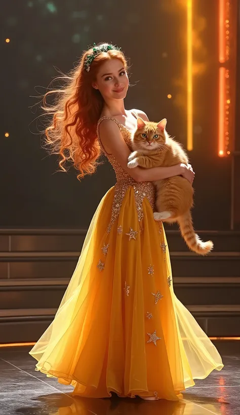 On the iconic Americas Got Talent stage, Emma, a radiant young woman, performs a graceful dance with her beloved companion, Whiskers, an orange tabby cat. Emma’s fiery red curls cascade down her back, adorned with a sparkling emerald hairpiece that matches...