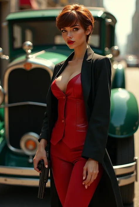 masterpiece、Pale Skin、Red lips、Bright EyeA beautiful chestnut woman with pixie haircut,color blonde,standing in the street holding a gun、Behind her left is a green 1928 Cadillac Town Sedan、She is wearing a mafia suit in red and black colors、trouser and jac...