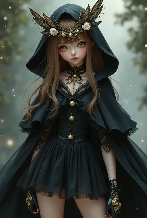  Light brown-haired girl with green eyes ,  dressed in a short black tulle dress , dressed in a black hooded cape ,  dressed in a golden veil mask with golden pearls ,  dressed in a black boot with a design of a rose in white,  dressed in lace gloves with ...