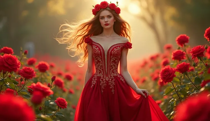 A consistent character for the Princess of the Red Rose:
"A beautiful princess with radiant fair skin, captivating emerald green eyes, and flowing auburn hair adorned with a crown of red roses. She wears a majestic red gown embroidered with golden floral p...