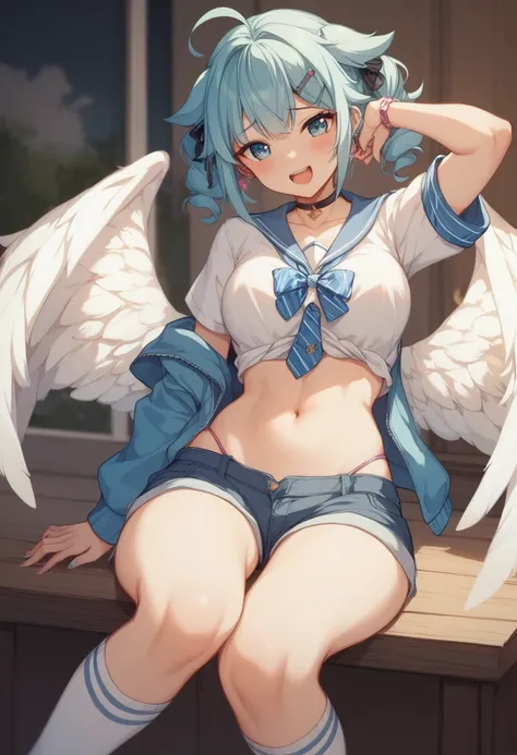 1 cute boy 、 cute boy with angel wings、Cute appearance、 Too Short Miniskirt 、 out of your belly button、 Embarrassing Facial Expression 、Hairstyle like a girl 、 Roll Up Miniskirt、 Knee Socks 、 flaps his angel wings and floats up、Soar、 is floating、Hairstyle ...