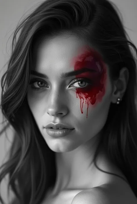 Create a profile picture of a woman in black and white with just a color bruise 