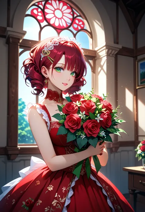  score_9,  score_8_up,  score_7_up, Anime,  young woman, beautiful, Яркий Shine Волос, Bright green eyes, Curvy,   Rose Bouquet in Hand {x} Flower Bouquet Pattern on Red Velvet {x} Wear a Flower Bouquet Pattern on Red Velvet, Bright Hair Clip   ,   Country...