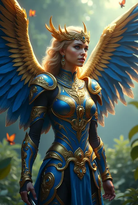 Digital Art Fantasy of a beautiful warrior woman in a blue gold complex iron armor. She has golden feather wings adorned with jewels, beautiful birds and butterflies fluttering around her background is jungle, magic ultra HD