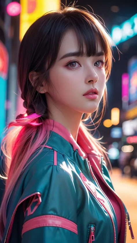 ((round_face)),(masterpiece, highest quality, highest quality, Official Art, beautifully, aesthetic:1.2), Portrait Photography,  (Cyberpunk fashion beautiful girl 1 person), Big iridescent eyes, Beautiful skin, Expressionlesoderate breast size, （Pink and b...