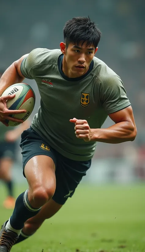  (photorealism:1.2), Handsome japanese man, 22-27 year-old, tight rugby jersey, sweaty, playing rugby