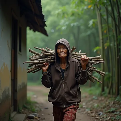  Remote photography shows an elderly mother in a hooded asian ,  which poses a focused view to the camera  ,walking around carrying many pieces of bound wood ,  wearing shabby kebaya and sarong bottoms and wearing no footwear in the forest with an old hous...