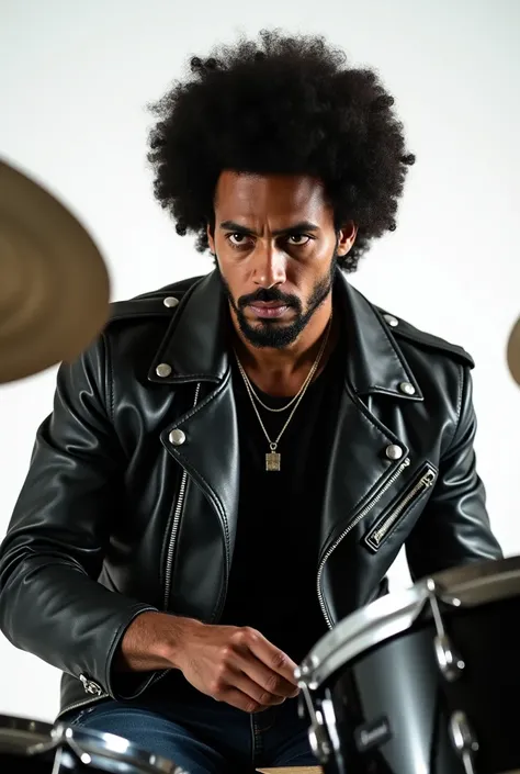 Rockers man playing drum,closed up,white skin,background white,afro hair,wearing leather jacket

