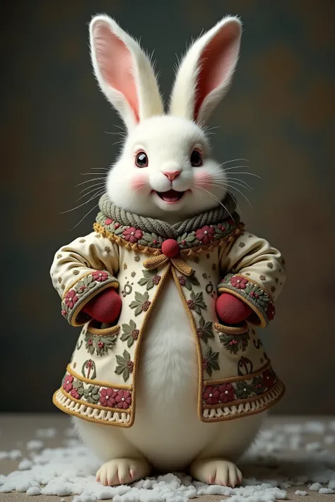 photorealistic portrait of Dressed animals - a ((fat)) (angora rabbit) snowman,(Art by Giuseppe Arcimboldo:1.2),(Christmas theme),(cute),(happy smile:1.2), (elegant),(hands on hips:1.5), high quality,(lovely) ,intricate detailed Christmas motif accessories...