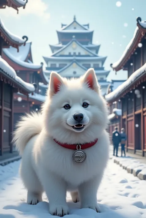 Samoyed has a red collar with a plate with the letters MYO。 The background is a castle town in Edo where snow piles up