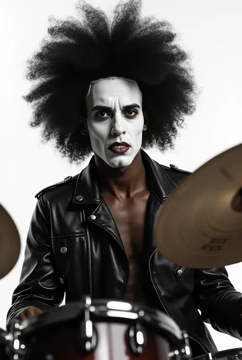 Rockers man playing drum,closed up,white face,background white,afro hair,wearing leather jacket

