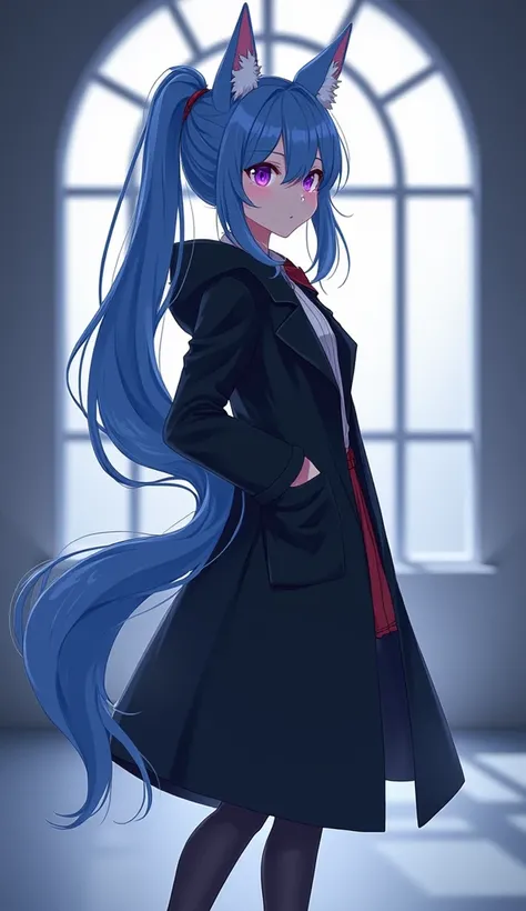 Character portrait　long black long coat　Light blue long hair 　 ponytail　 pretty girl　 anime style illustration　 best quality　High image quality　 high definition , Feet in frame　 best quality 、 4K、8k、High Resolution、masterpiece、 super detailed　 minicaras　 p...