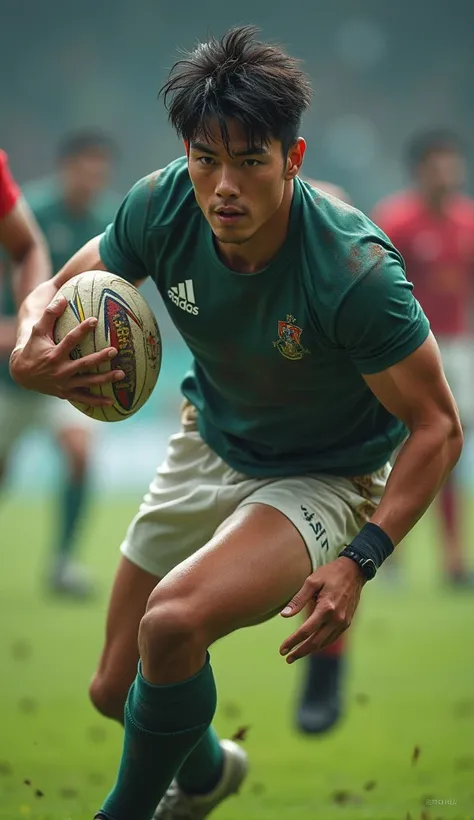  (photorealism:1.2), Handsome japanese man, 22-27 year-old, tight rugby jersey, sweaty, playing rugby