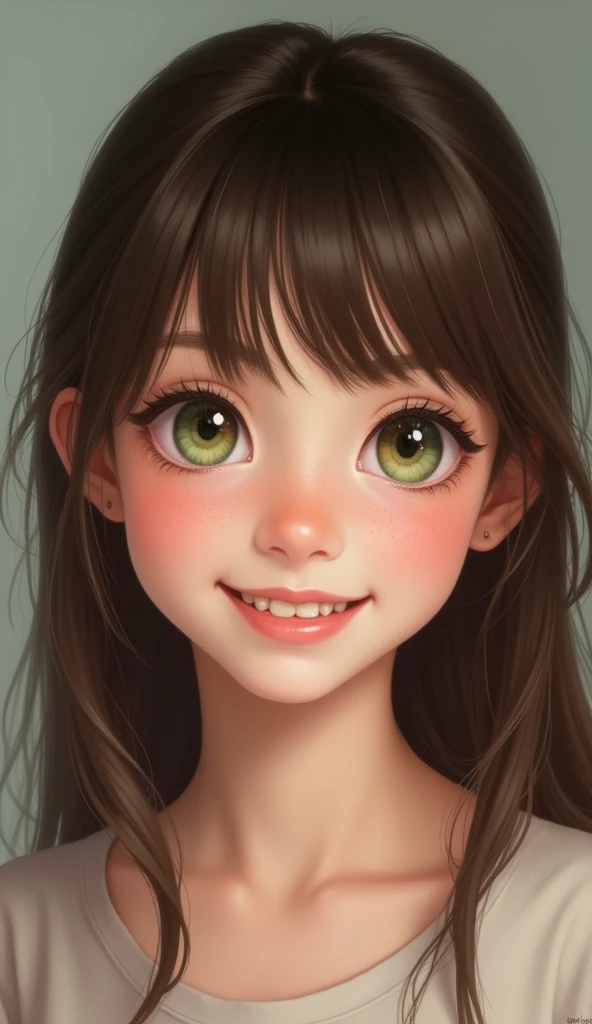 one , fair skinned and green eyed, straight brown hair and straight bangs. Big eyes and smile.