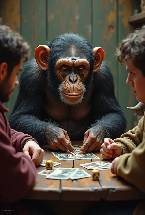 A chimpanzee with a face would be playing Magic the Gathering cards at a table with three other humans