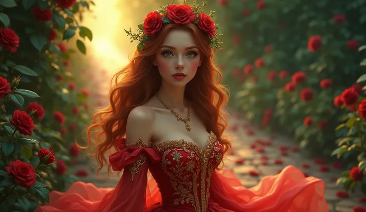 A consistent character for the Princess of the Red Rose: "A beautiful princess with radiant fair skin, captivating emerald green eyes, and flowing auburn hair adorned with a crown of red roses. She wears a majestic red gown embroidered with golden floral p...