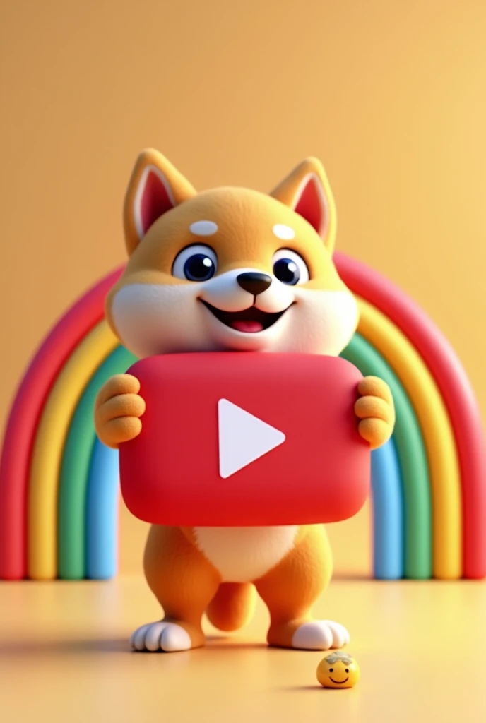 "Generate a vibrant 3D illustration of a cute Shiba Inu puppy standing upright, smiling cheerfully. The puppy is holding a large red Subscribe button icon with a white play symbol, resembling a YouTube subscribe button. The background features a colorful r...