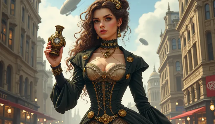 Create a detailed illustration of a tall and elegant Caucasian woman in a Victorian steampunk setting. She has long, curly brunette hair styled in an intricate updo, with a few loose tendrils framing her face. Her complexion is fair, and her expressive bro...