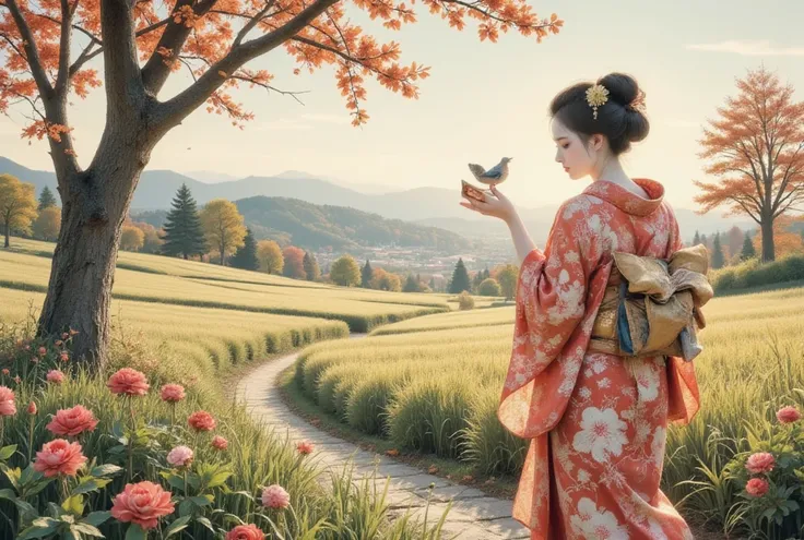  Suharira Shikura Shikatsu Ukiseki no Kitasai .  Very exquisite beautiful landscape painting . Beautiful rural landscape . A very beautiful and sexy geisha lady walking along a country path.  so many flowers .paddy, Two birds 